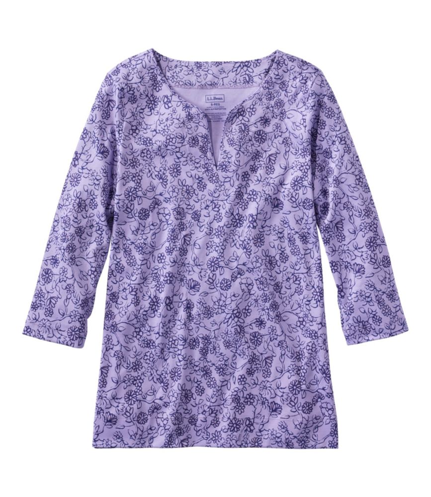 Women's Pima Cotton Tunic, Three-Quarter-Sleeve Splitneck Print, French Lilac Botanic Floral, small image number 1