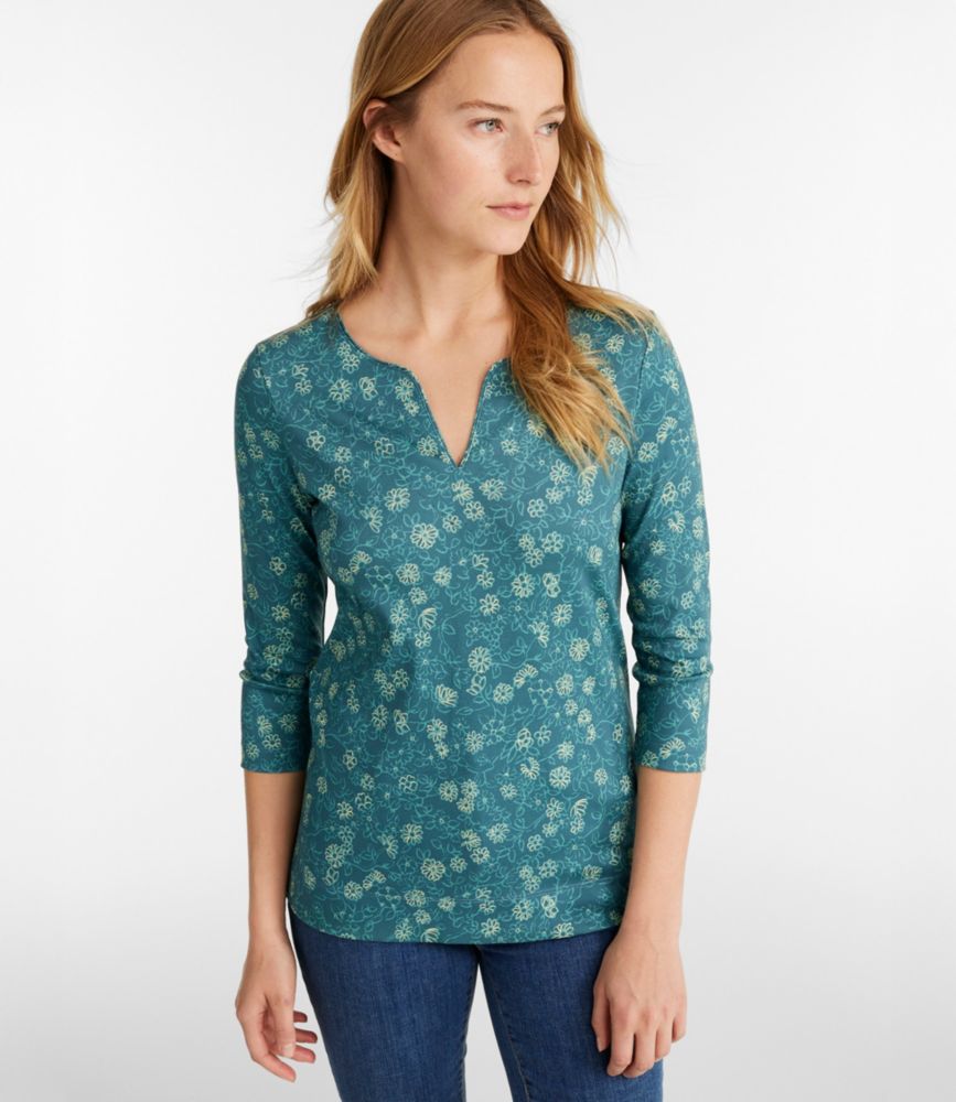 Women's Pima Cotton Tunic, Three-Quarter-Sleeve Splitneck Print