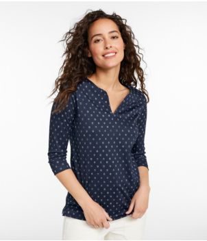 Women's Pima Cotton Tunic, Three-Quarter-Sleeve Splitneck Print