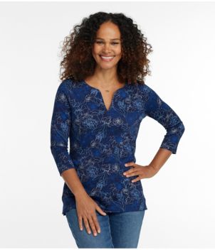 Women's Pima Cotton Tunic, Three-Quarter-Sleeve Splitneck Print