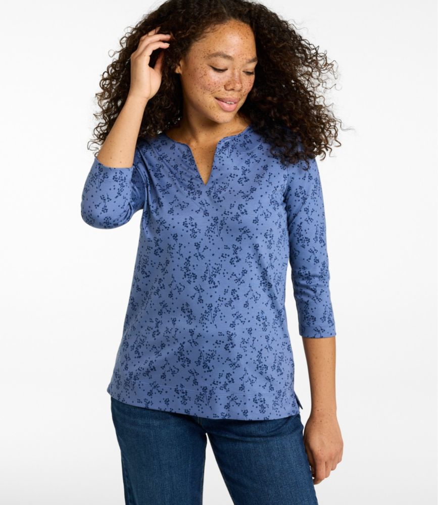 Women's Pima Cotton Tunic, Three-Quarter-Sleeve Splitneck Print