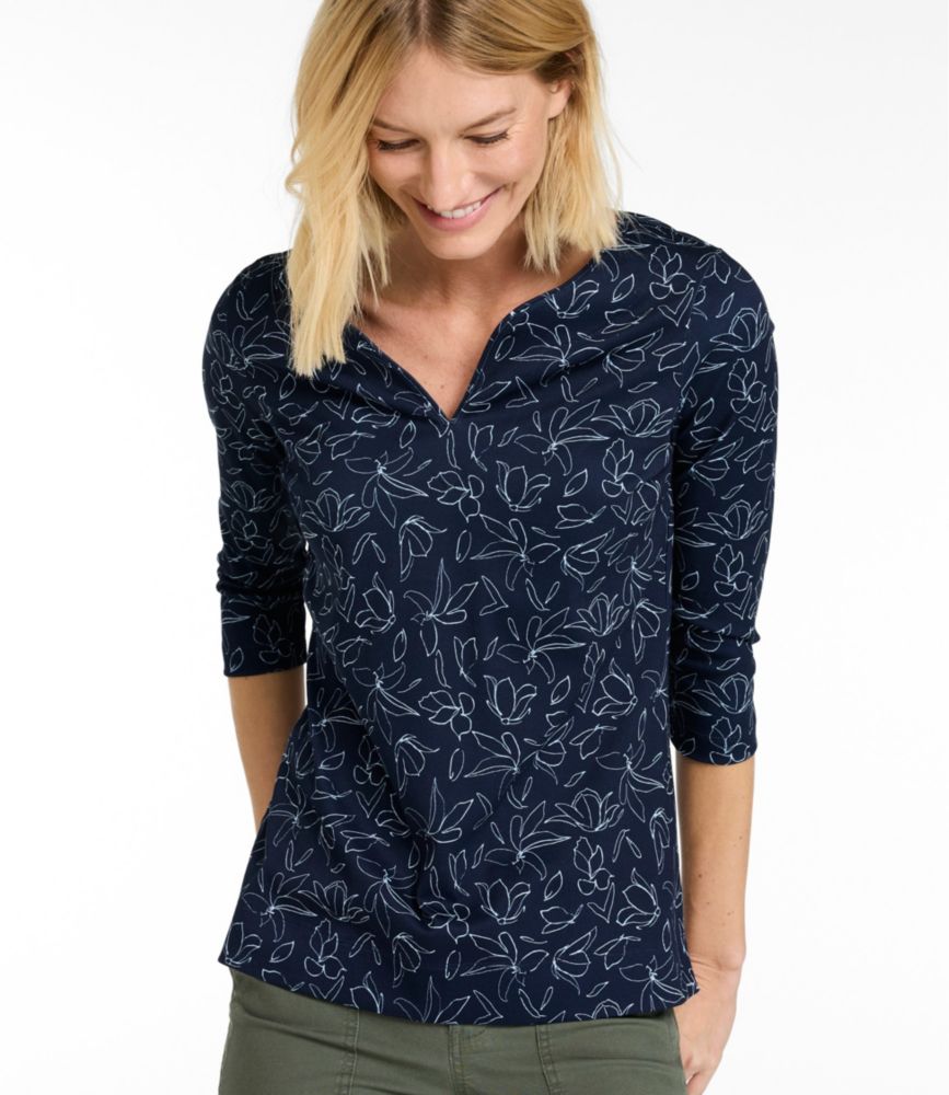 Women's Pima Cotton Tunic, Three-Quarter-Sleeve Splitneck Print