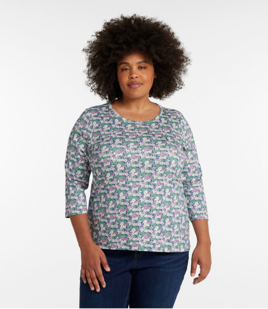 Women's Pima Cotton Shaped Jewelneck Tee, Three-Quarter-Sleeve Print