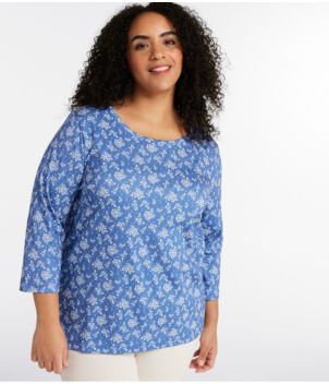 Women's Pima Cotton Shaped Jewelneck Tee, Three-Quarter-Sleeve Print