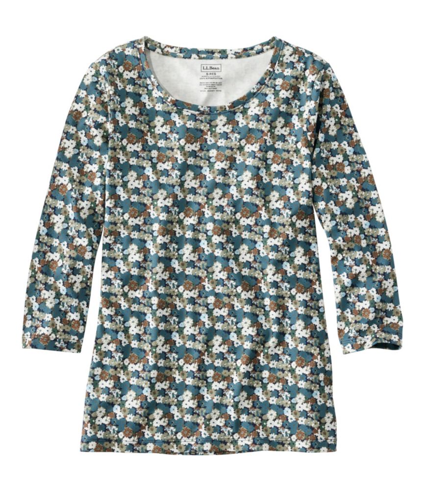 Women's Pima Cotton Shaped Jewelneck Tee, Three-Quarter-Sleeve Print, Navy Multi Floral, small image number 1