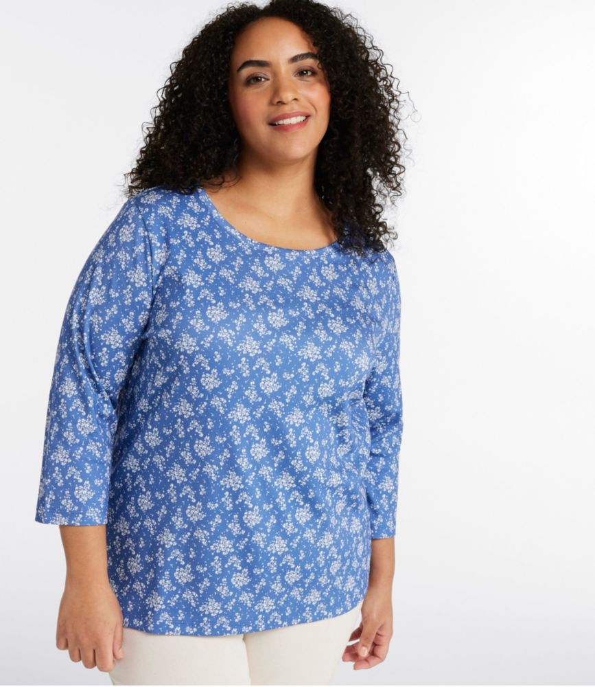 Women's Pima Cotton Shaped Jewelneck Tee, Three-Quarter-Sleeve Print
