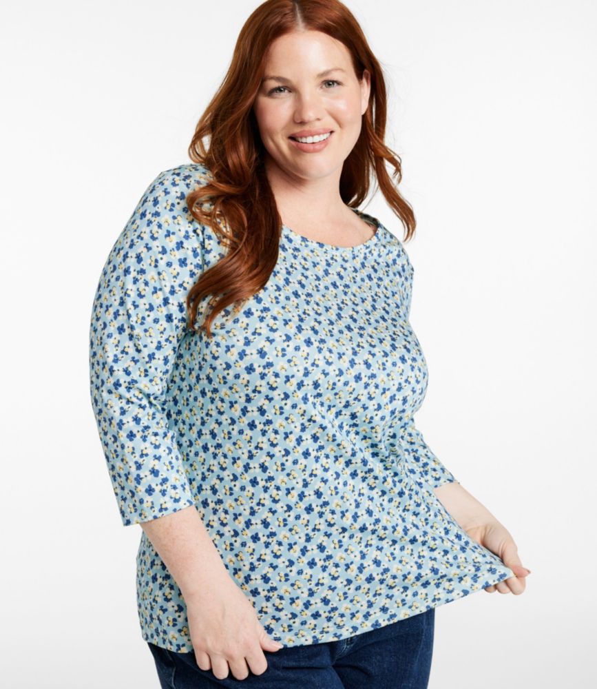 Women's Pima Cotton Shaped Jewelneck Tee, Three-Quarter-Sleeve Print