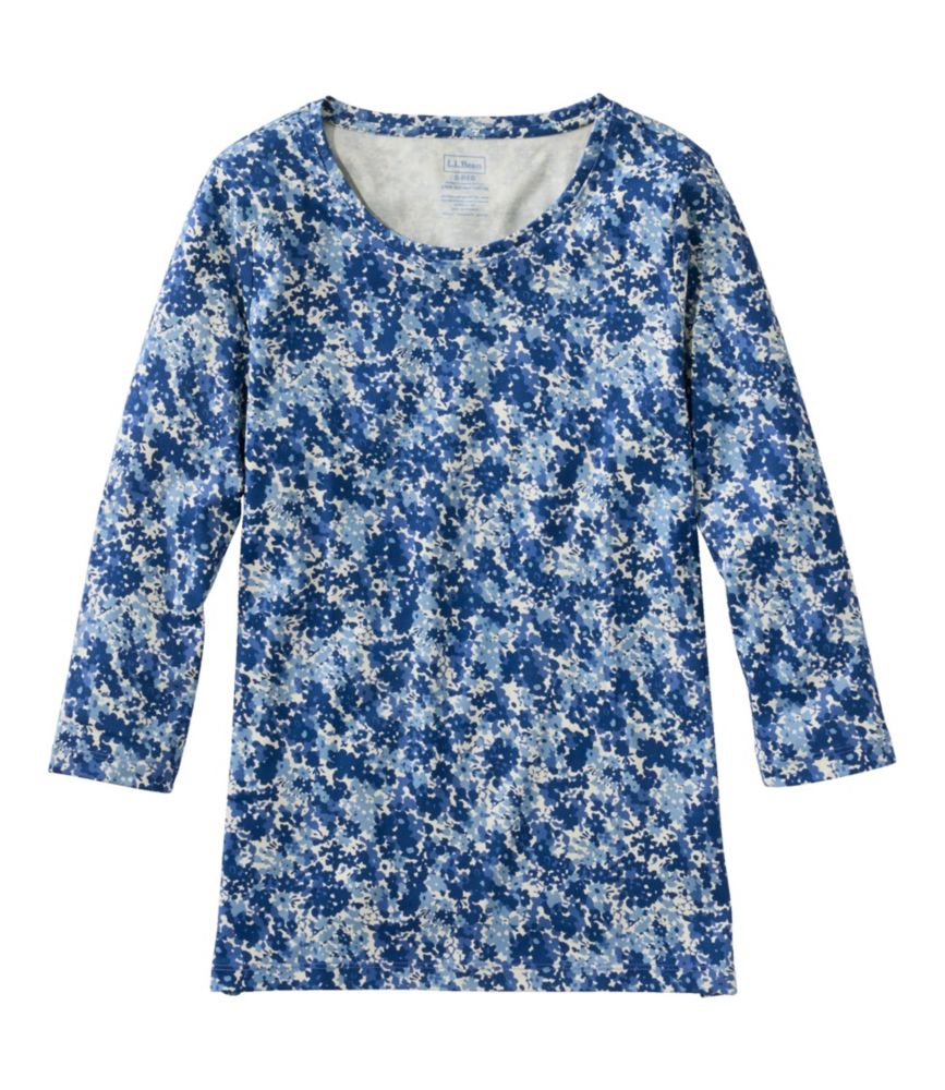 Women's Pima Cotton Shaped Jewelneck Tee, Three-Quarter-Sleeve Print