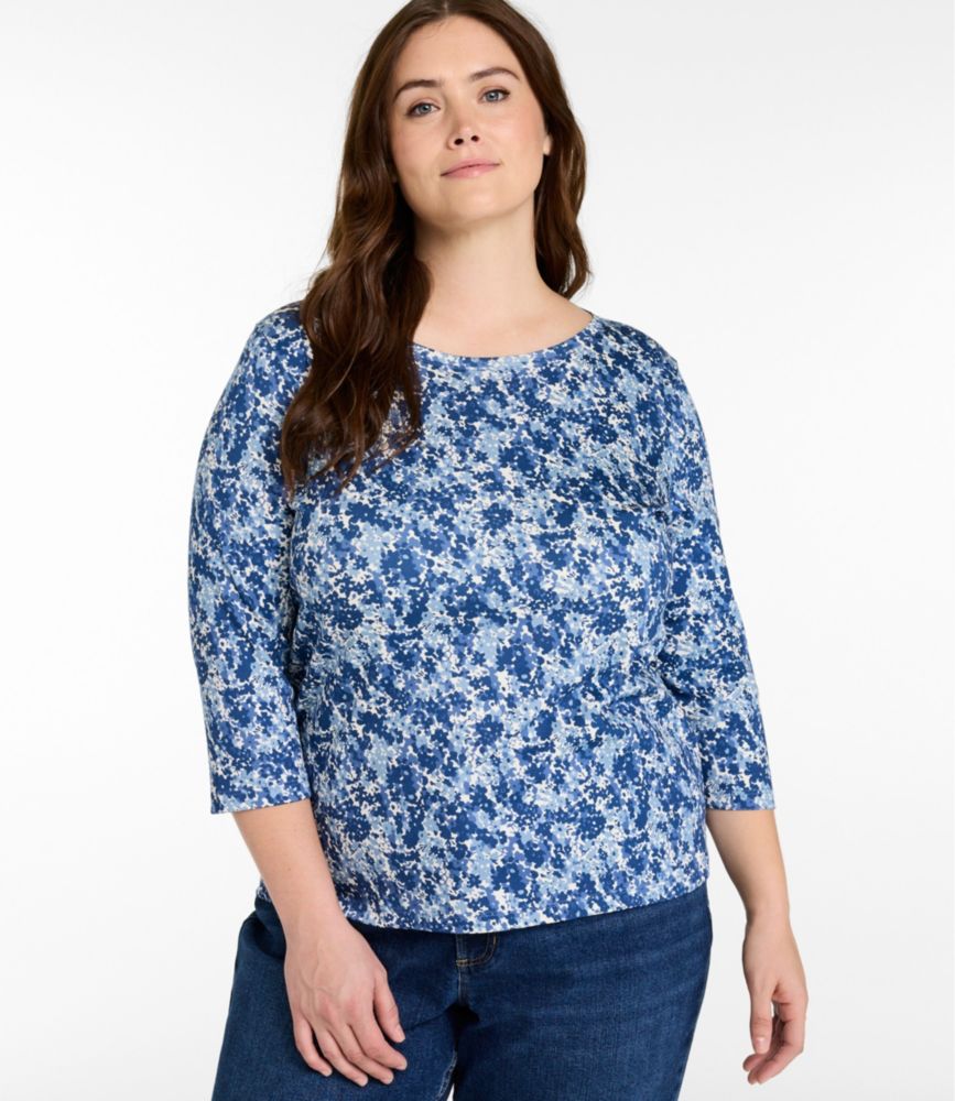 Women's Pima Cotton Shaped Jewelneck Tee, Three-Quarter-Sleeve Print