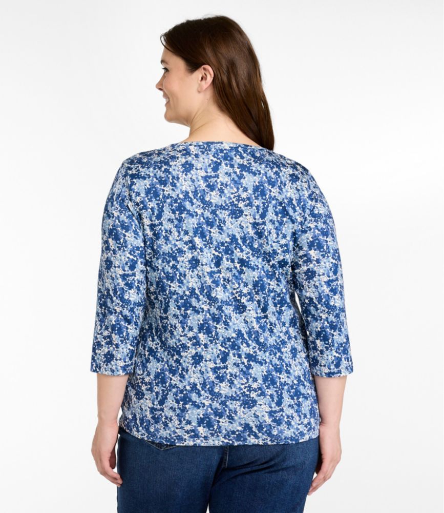 Women's Pima Cotton Shaped Jewelneck Tee, Three-Quarter-Sleeve Print