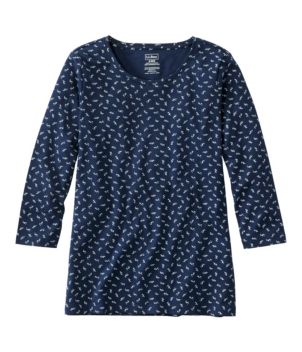 Women's Pima Cotton Shaped Jewelneck Tee, Three-Quarter-Sleeve Print