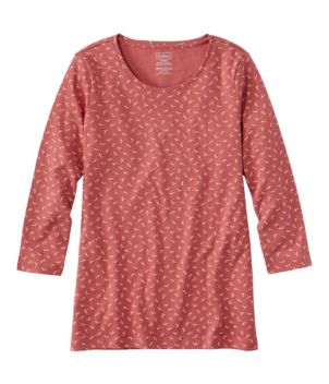 Women's Pima Cotton Shaped Jewelneck Tee, Three-Quarter-Sleeve Print