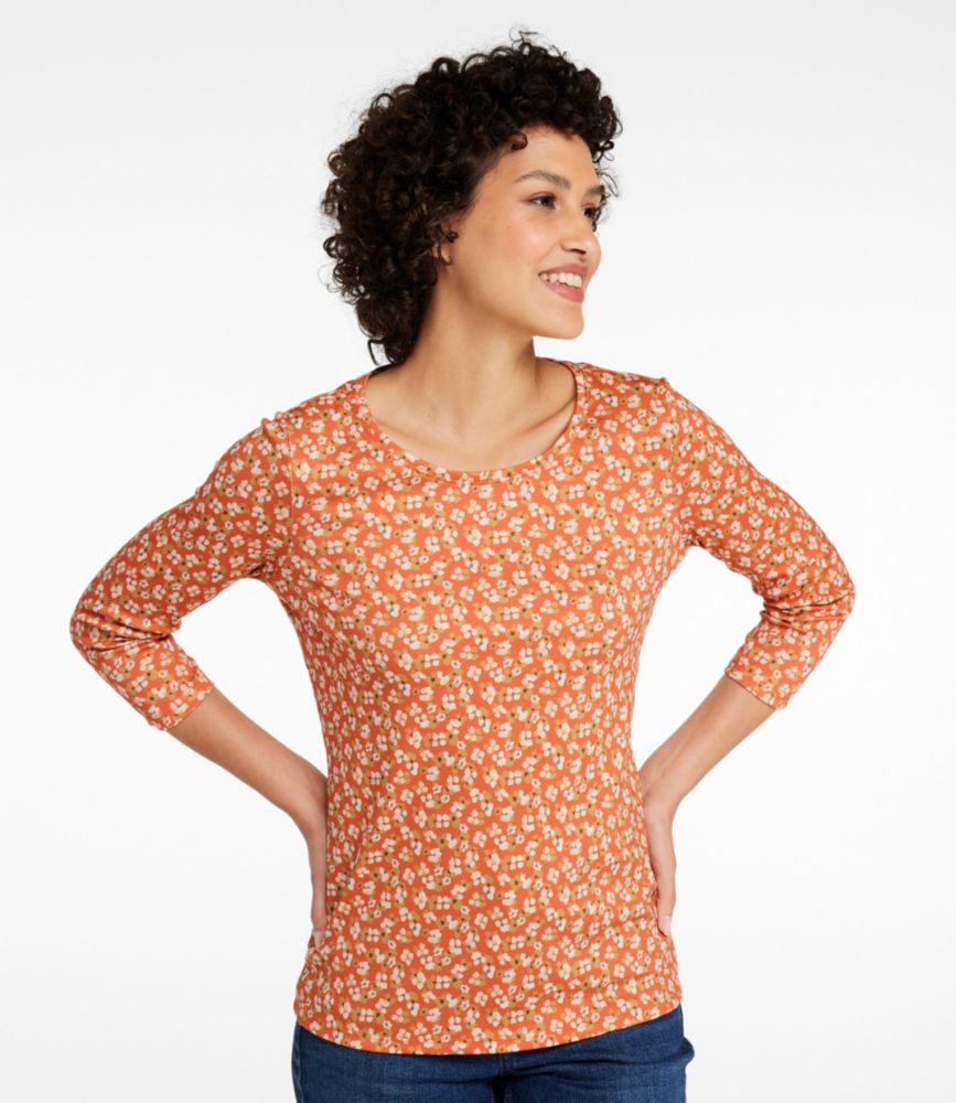 Women's Pima Cotton Shaped Jewelneck Tee, Three-Quarter-Sleeve Print
