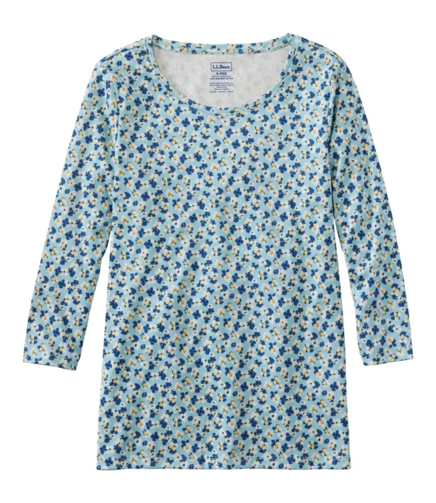Women's Pima Cotton Shaped Jewelneck Tee, Three-Quarter-Sleeve Print