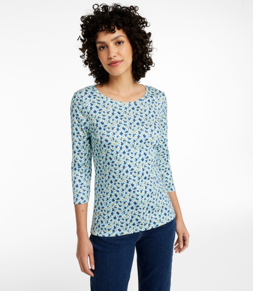 Women's Pima Cotton Shaped Jewelneck Tee, Three-Quarter-Sleeve Print