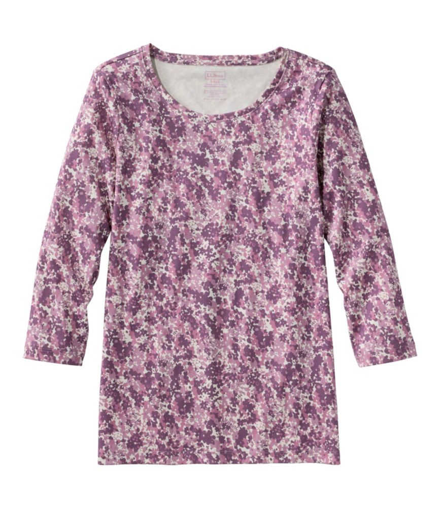 Women's Pima Cotton Shaped Jewelneck Tee, Three-Quarter-Sleeve Print