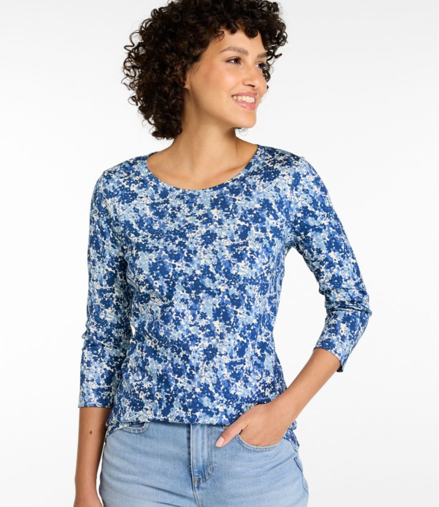Women's Pima Cotton Shaped Jewelneck Tee, Three-Quarter-Sleeve Print
