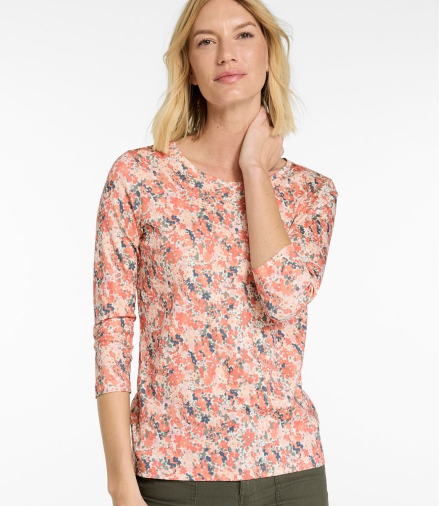 Women's Pima Cotton Shaped Jewelneck Tee, Three-Quarter-Sleeve Print