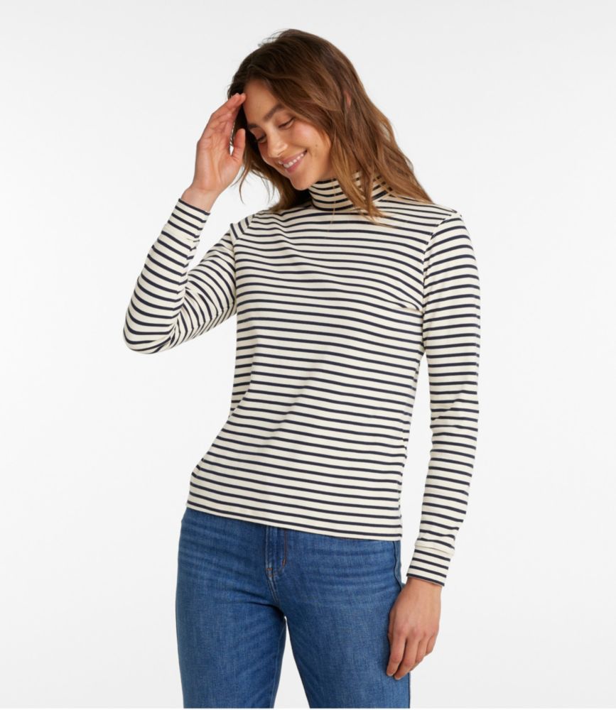 Women's L.L.Bean Interlock Turtleneck, Long-Sleeve Stripe, Cream/Classic Navy, small image number 2