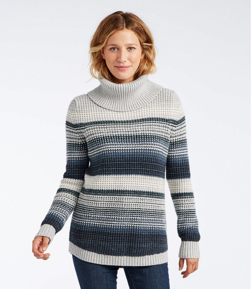 Women's Waffle Stitch Sweater, Cowlneck Pullover Multi-Stripe