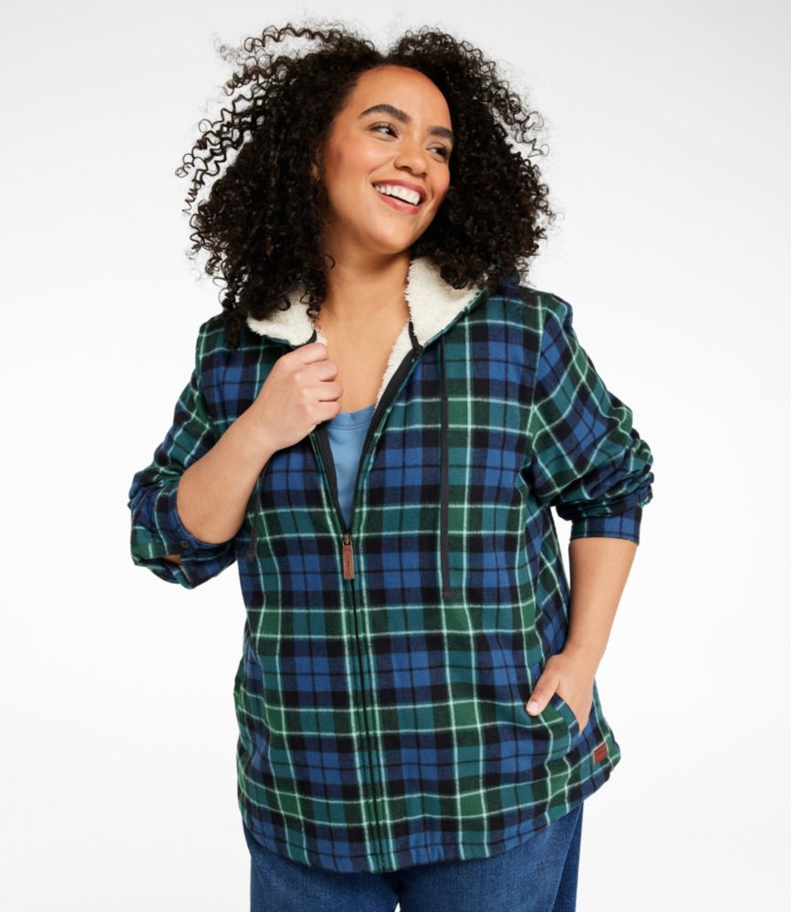 Women's Scotch Plaid Flannel Shirt, Sherpa-Lined Zip Hoodie