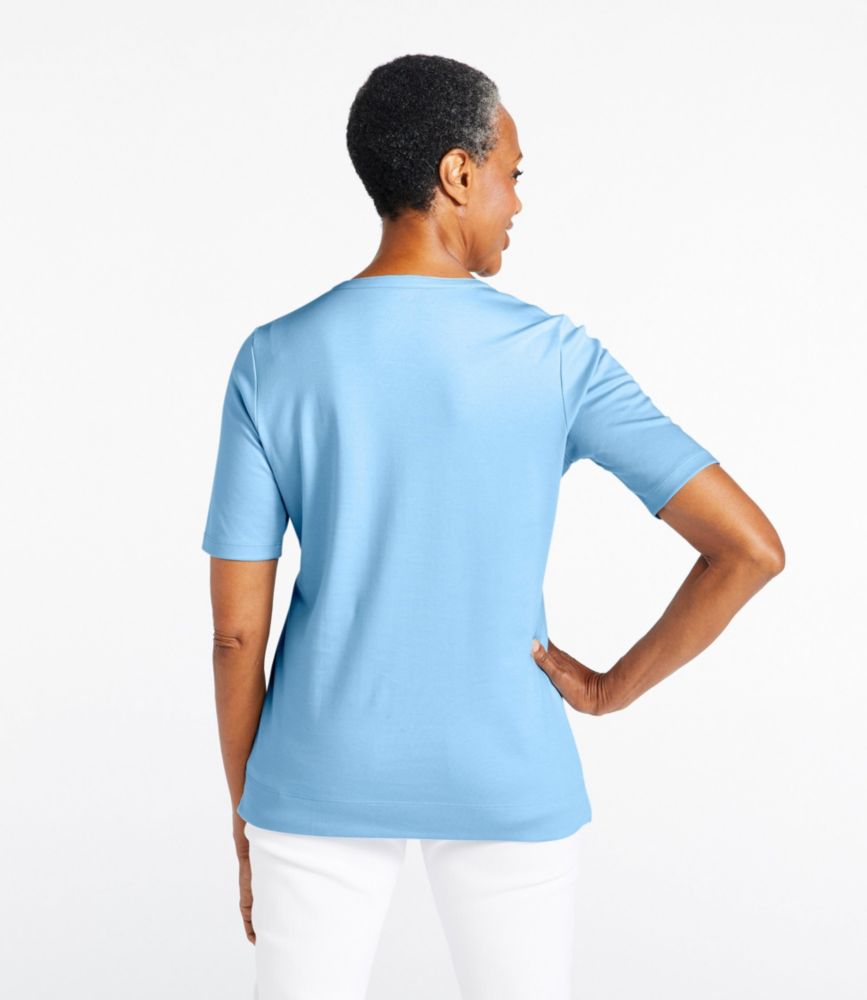 Women's Pima Cotton Tee, Notch-Neck Elbow-Sleeve Tunic, Glacier Teal, small image number 3