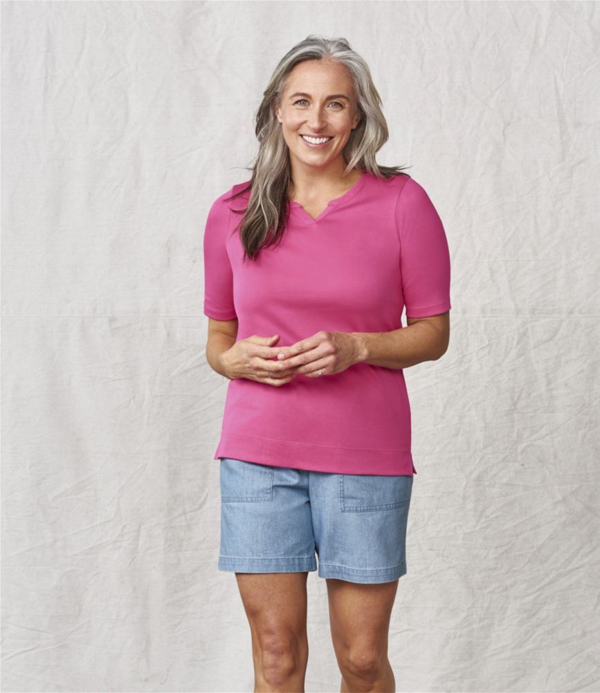 Women's Pima Cotton Tee, Notch-Neck Elbow-Sleeve Tunic, , small image number 4