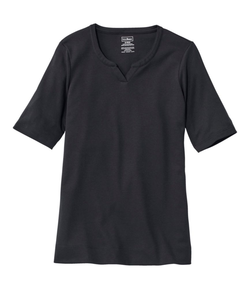 Women's Pima Cotton Tee, Notch-Neck Elbow-Sleeve Tunic