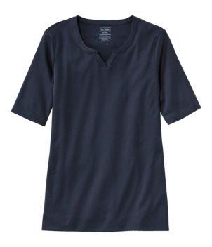 Women's Pima Cotton Tee, Notch-Neck Elbow-Sleeve Tunic