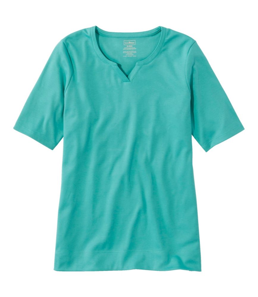 Women's Pima Cotton Tee, Notch-Neck Elbow-Sleeve Tunic, Glacier Teal, small image number 1