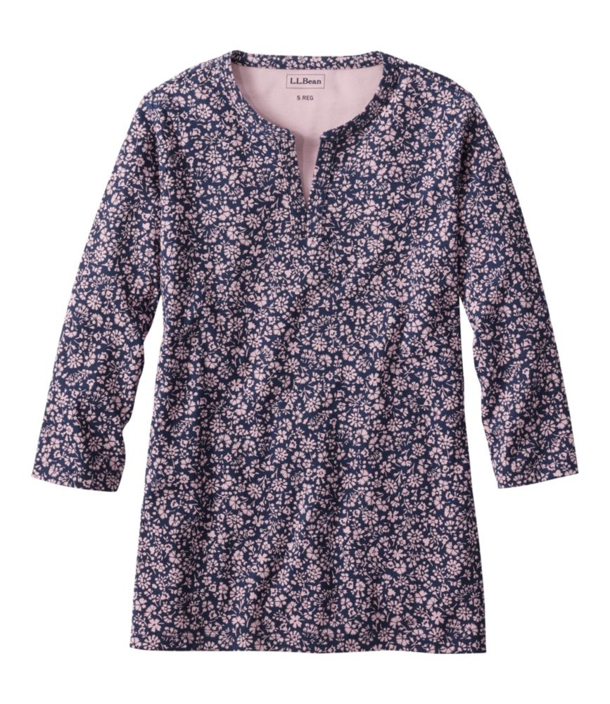 Women's L.L.Bean Tee, Three-Quarter-Sleeve Splitneck Tunic Print, Navy Pressed Floral, small image number 1