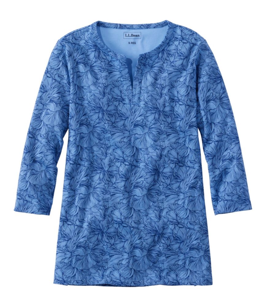 Women's L.L.Bean Tee, Three-Quarter-Sleeve Splitneck Tunic Print, Brightwater Blue Linear Floral, small image number 1