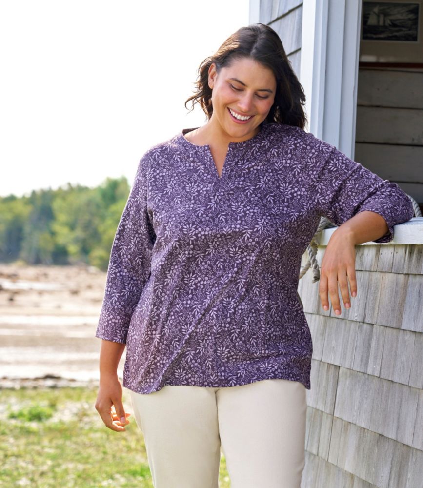 Women's L.L.Bean Tee, Three-Quarter-Sleeve Splitneck Tunic Print, Brightwater Blue Linear Floral, small image number 6