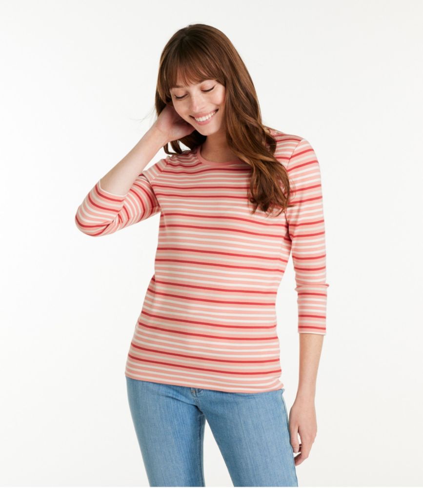 Women's Pima Cotton Shaped Tee, Three-Quarter-Sleeve Jewelneck Stripe, , small image number 1