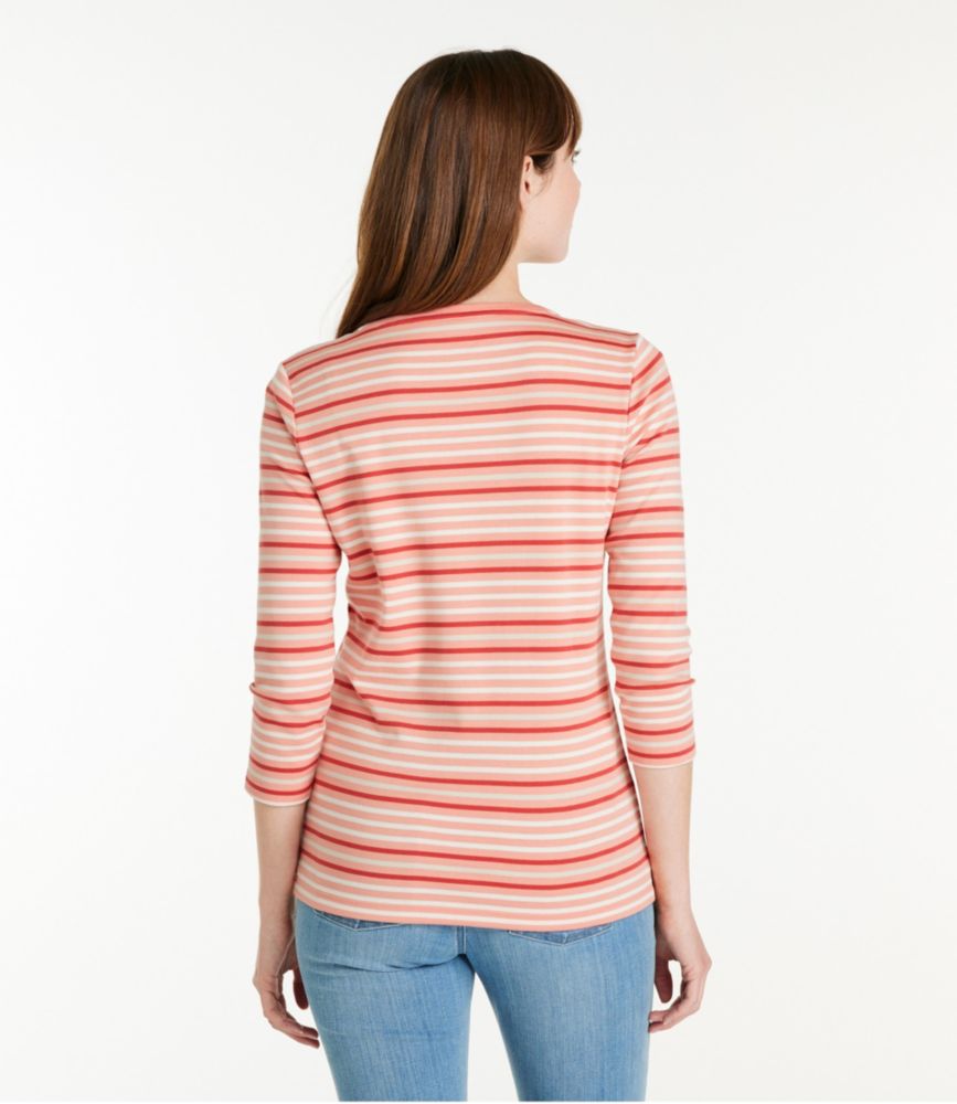 Women's Pima Cotton Shaped Tee, Three-Quarter-Sleeve Jewelneck Stripe, , small image number 2