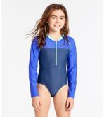 Girls' Watersports Swimsuit One-piece Long Sleeve, Colorblock