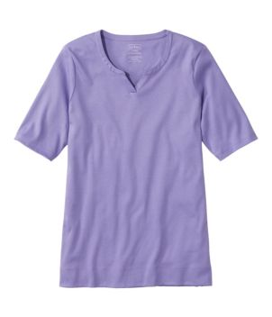 Women's Pima Cotton Tee, Notch-Neck Elbow-Sleeve Tunic