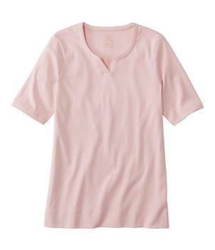 Women's Pima Cotton Tee, Notch-Neck Elbow-Sleeve Tunic