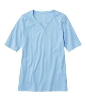 Women's Pima Cotton Tee, Notch-Neck Elbow-Sleeve Tunic