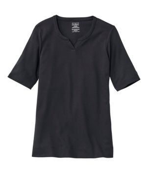 Women's Pima Cotton Tee, Notch-Neck Elbow-Sleeve Tunic