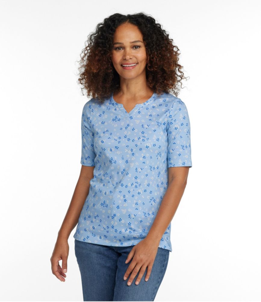 Women's Pima Cotton Tee, Notch-Neck Elbow-Sleeve Tunic Print