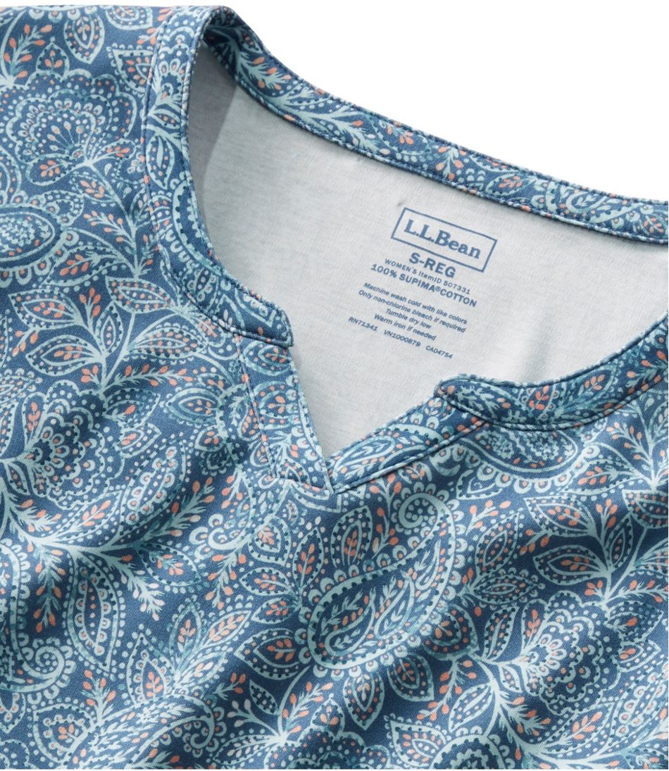 Women's Pima Cotton Tee, Notch-Neck Elbow-Sleeve Tunic Print