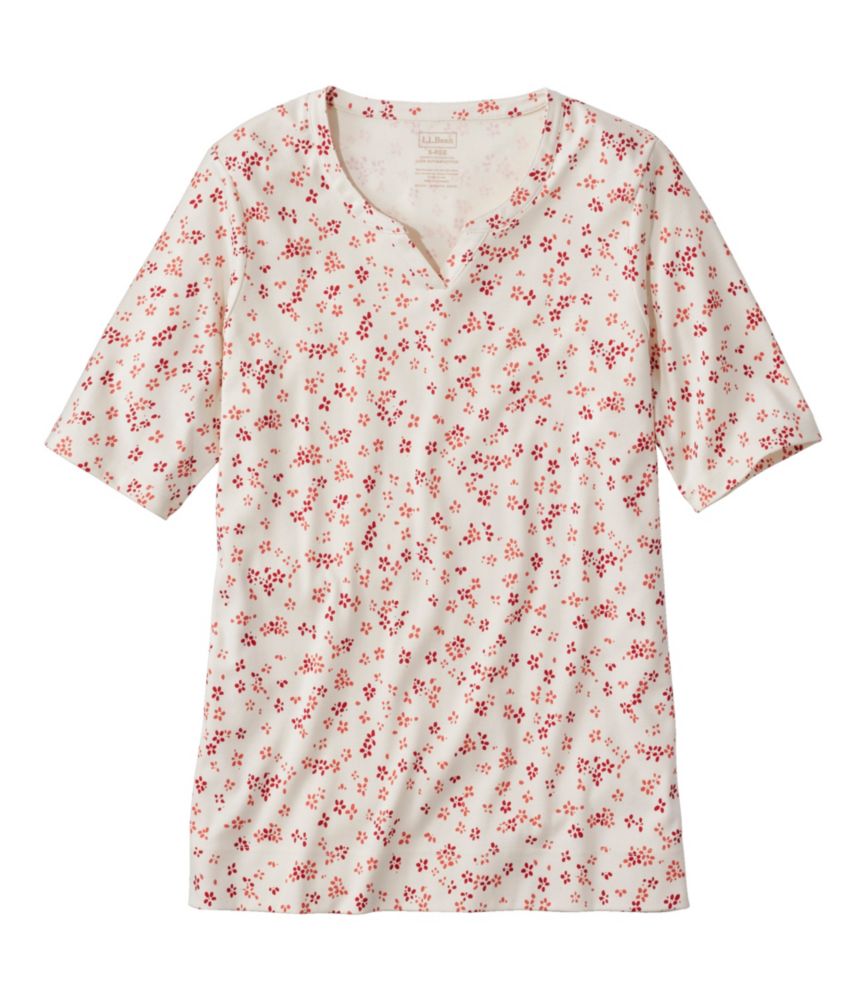 Women's Pima Cotton Tee, Notch-Neck Elbow-Sleeve Tunic Print, Cream Ditsy, small image number 1