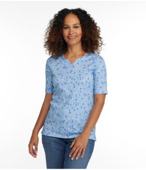 Women's Pima Cotton Tee, Notch-Neck Elbow-Sleeve Tunic Print