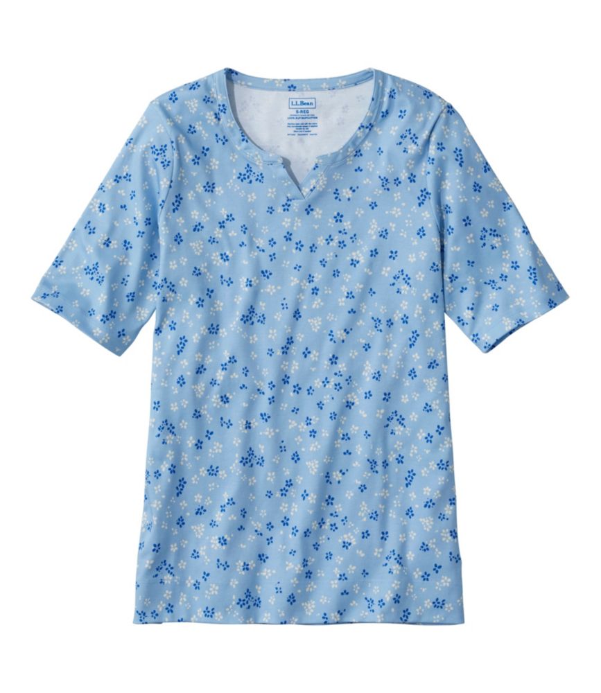 Women's Pima Cotton Tee, Notch-Neck Elbow-Sleeve Tunic Print