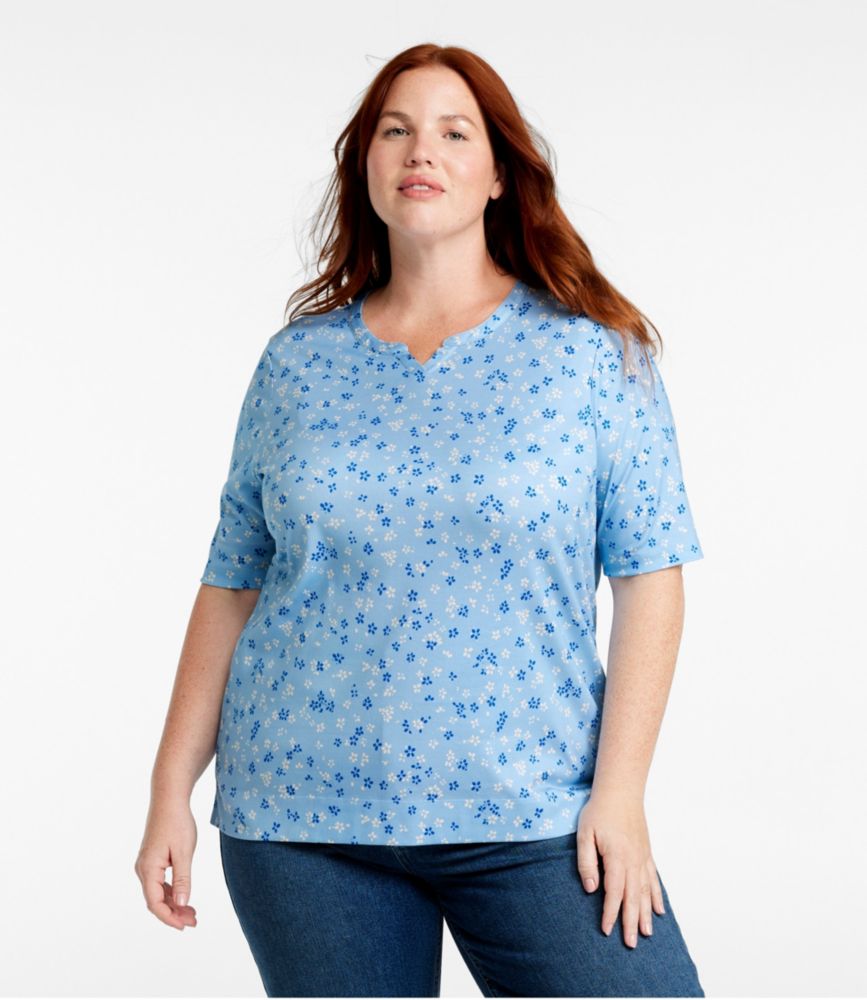 Women's Pima Cotton Tee, Notch-Neck Elbow-Sleeve Tunic Print