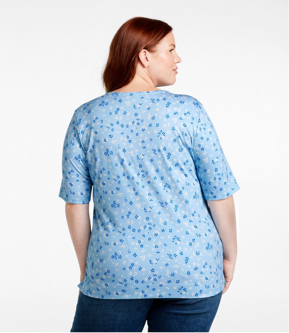 Women's Pima Cotton Tee, Notch-Neck Elbow-Sleeve Tunic Print