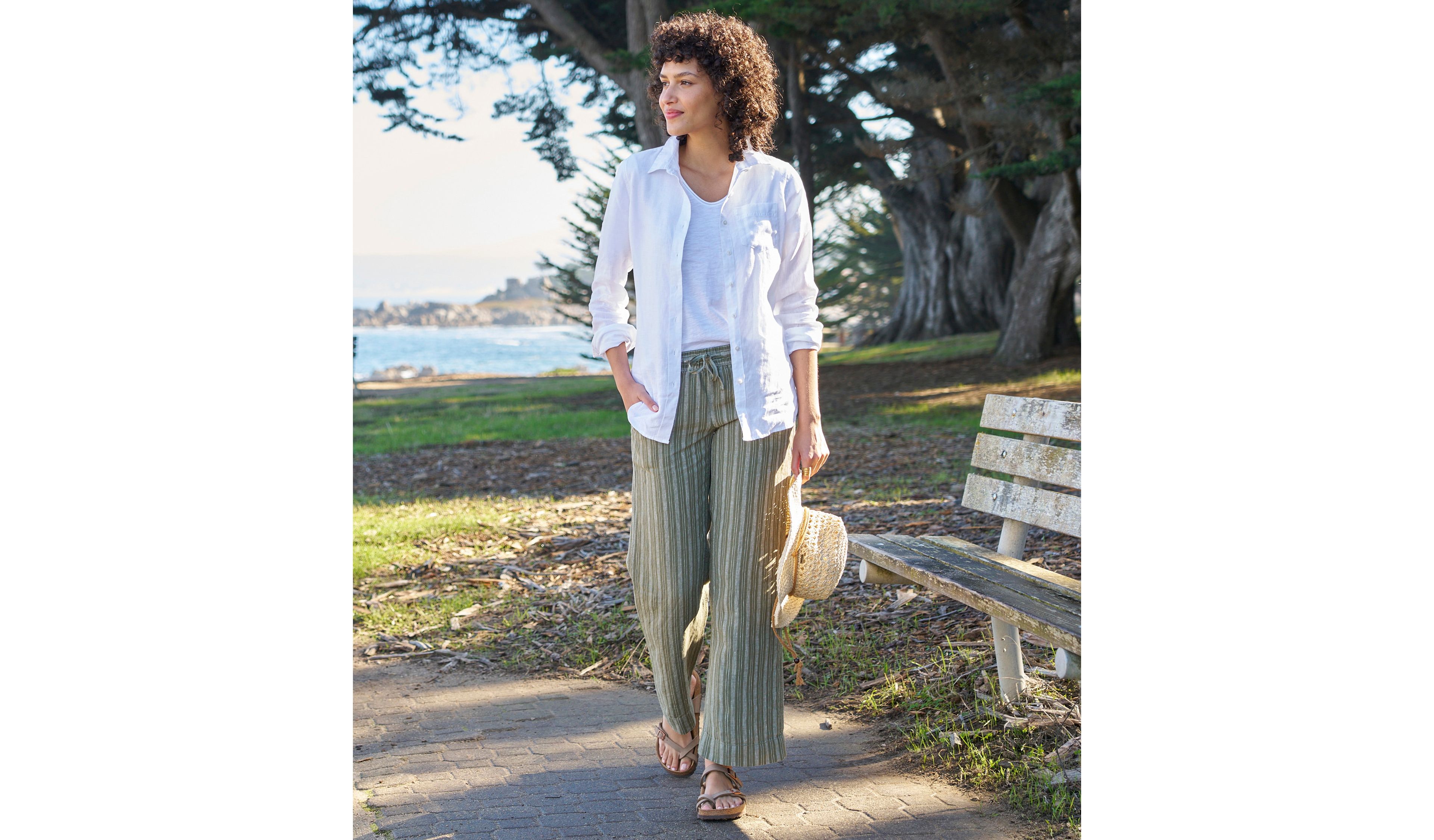 Women's Premium Washable Linen Pull-On Pants, Stripe