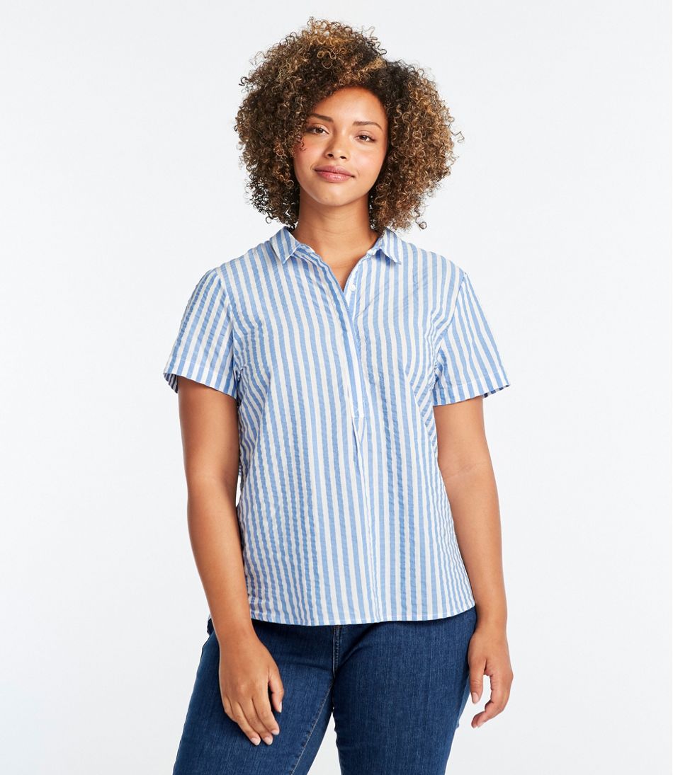 Women's Textured Cotton Popover Shirt, Short-Sleeve Stripe | Shirts ...