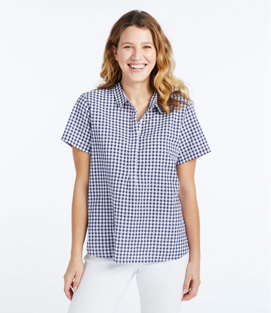 Women's Textured Cotton Popover Shirt, Short-Sleeve Gingham | Shirts ...
